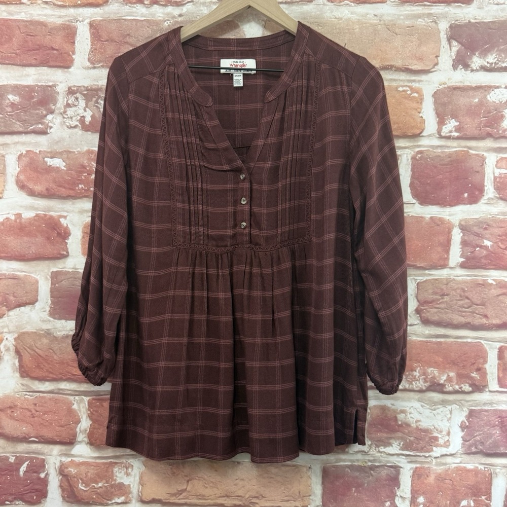 Wrangler Top Women's Small Brown Plaid Henley Western Chic Casual Knit Shirt